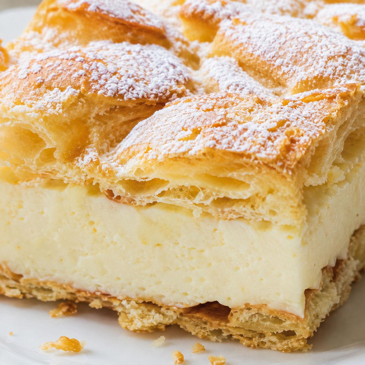 Healthier karpatka slice with vanilla cream and powdered sugar
