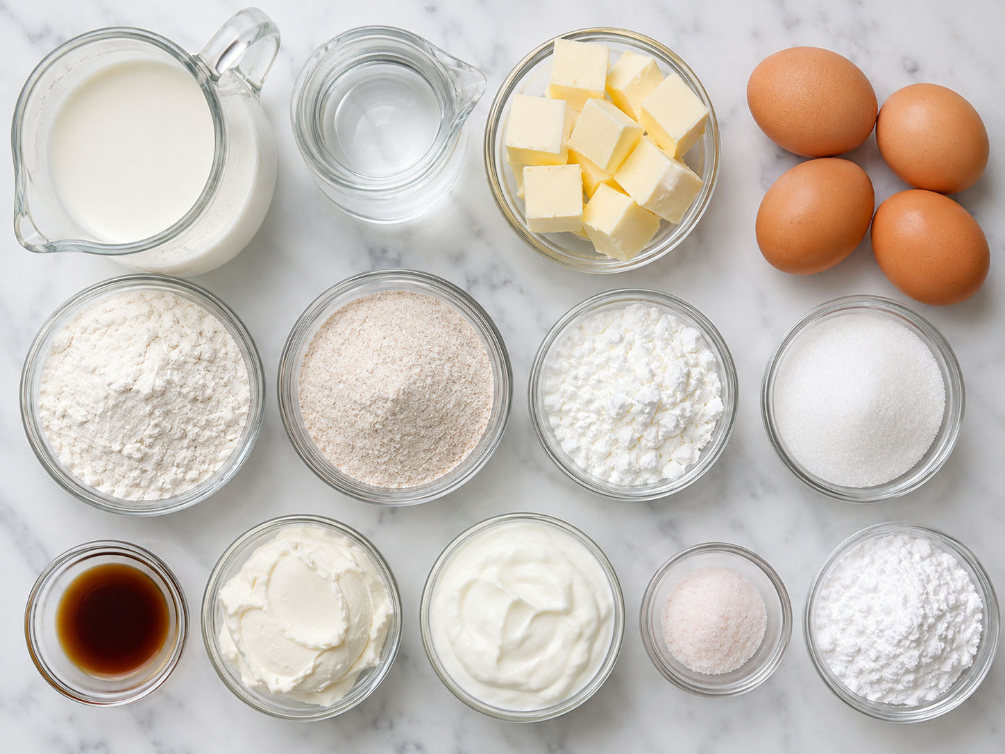 Ingredients for healthier karpatka with eggs, milk, flour, yogurt, and cream cheese
