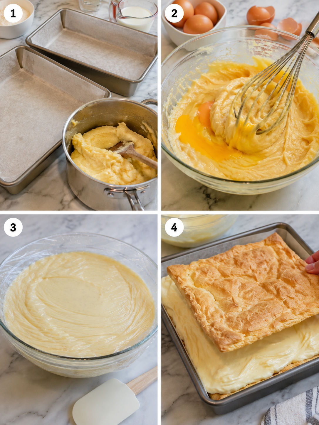 Four steps for making healthier karpatka with choux pastry and vanilla cream