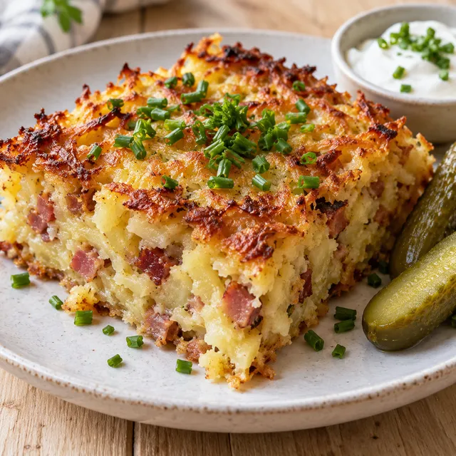 Kugel ziemniaczany z boczkiem i szczypiorkiem na jasnym talerzu