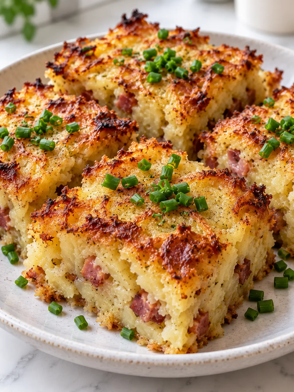 Kawałki kugla ziemniaczanego z chrupiącą skórką i szczypiorkiem