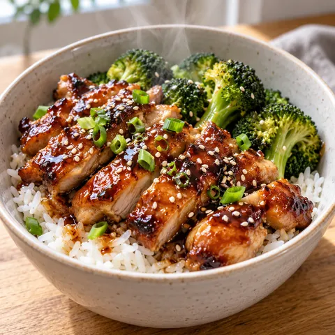 Kurczak teriyaki z ryżem, brokułami, sezamem i szczypiorkiem