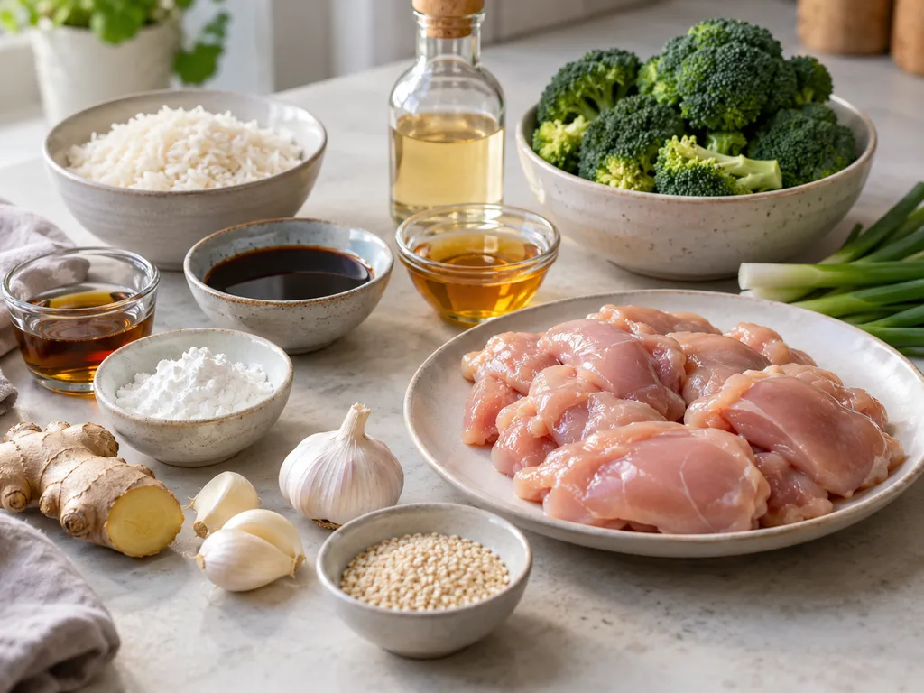 Składniki na kurczaka teriyaki z ryżem i brokułami