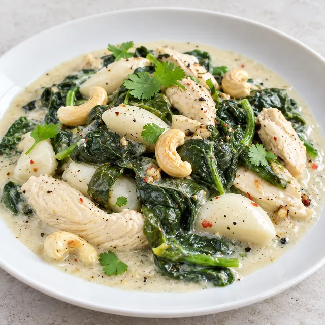 Kurczak w mleczku kokosowym ze szpinakiem i nerkowcami