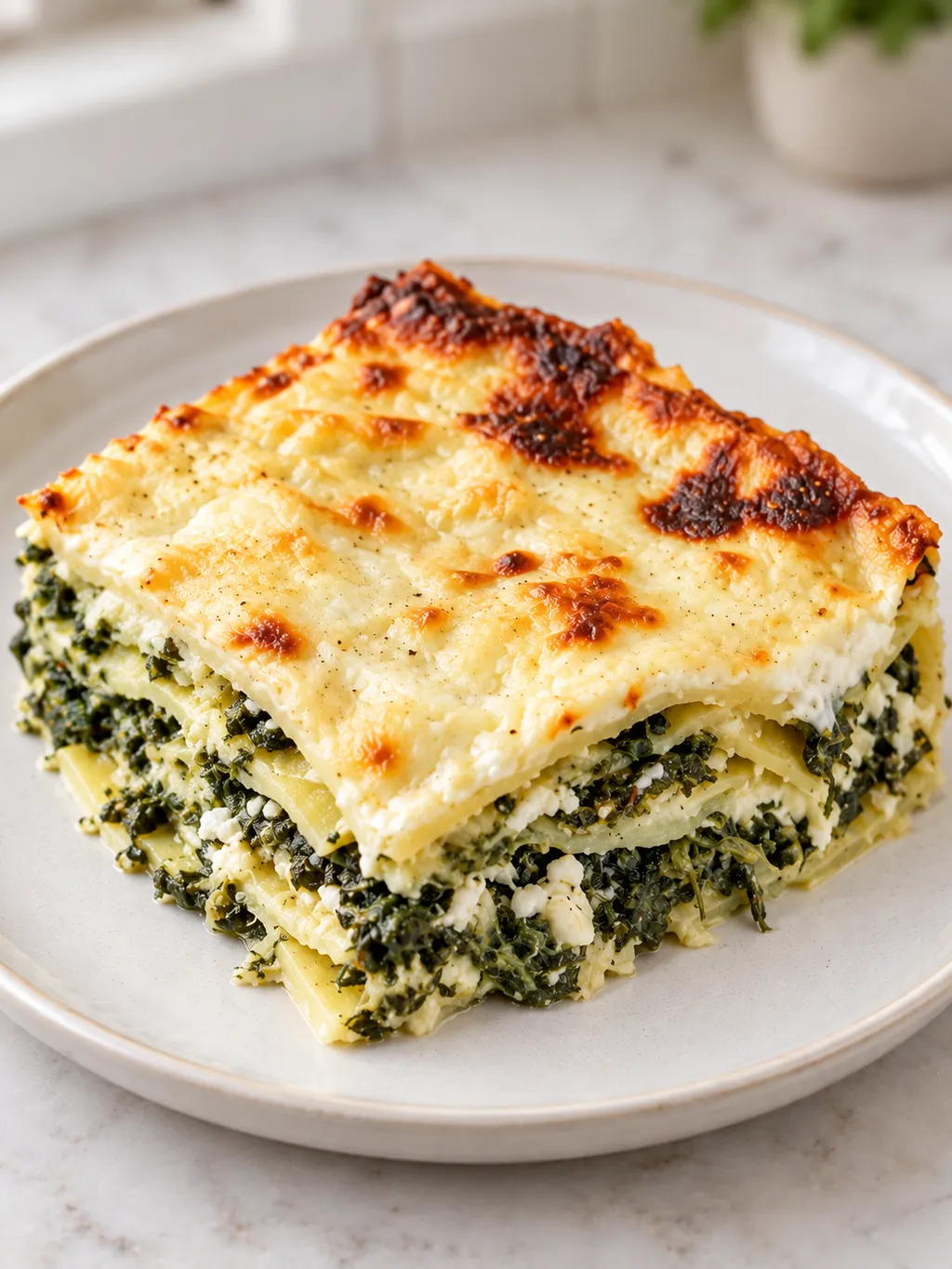 Pionowa porcja lasagne ze szpinakiem, fetą i rumianą mozzarellą