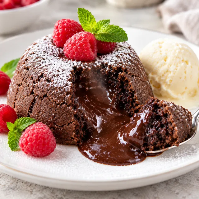 Lava cake z płynnym czekoladowym środkiem, malinami i lodami