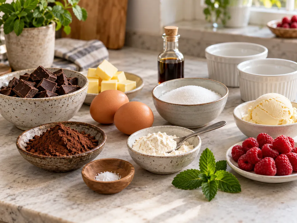 Składniki na lava cake z czekoladą, jajkami, masłem i malinami