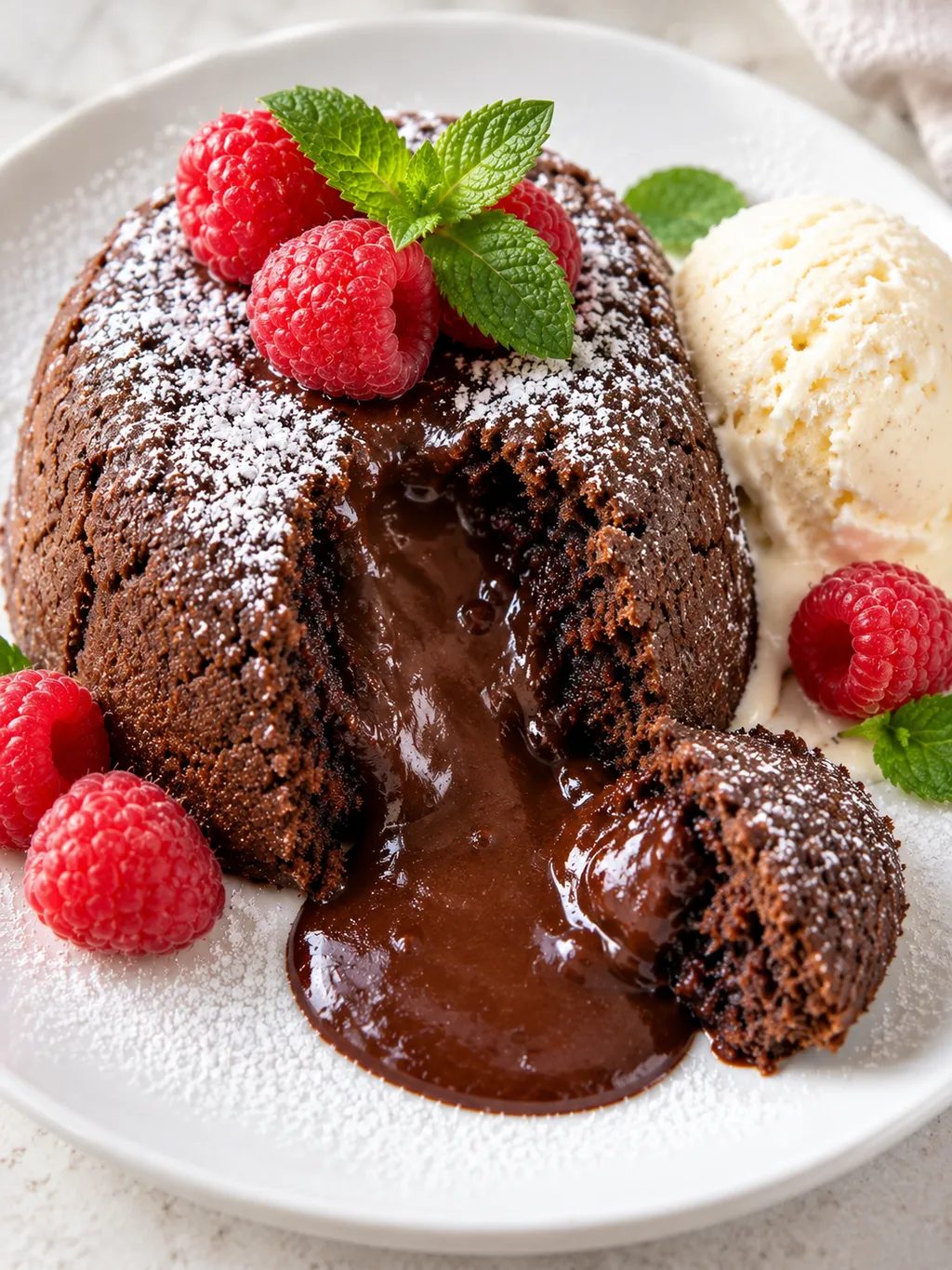 Lava cake z rozlanym środkiem, malinami, miętą i lodami