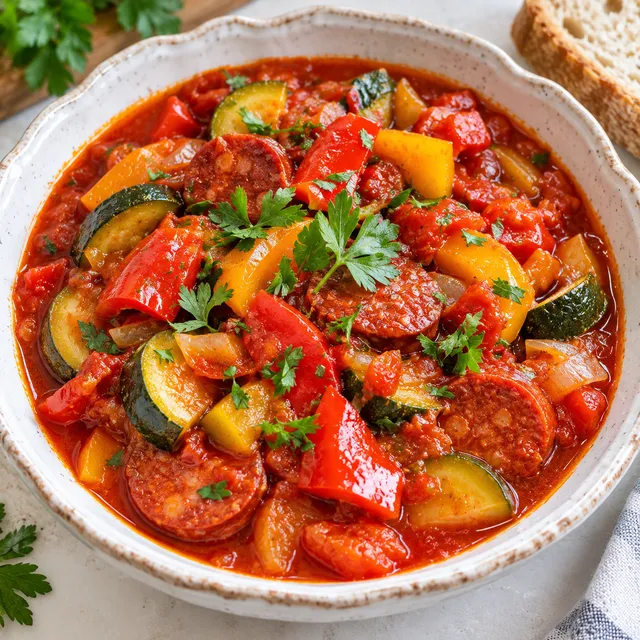 Leczo z chorizo z papryką, cukinią i natką w misce
