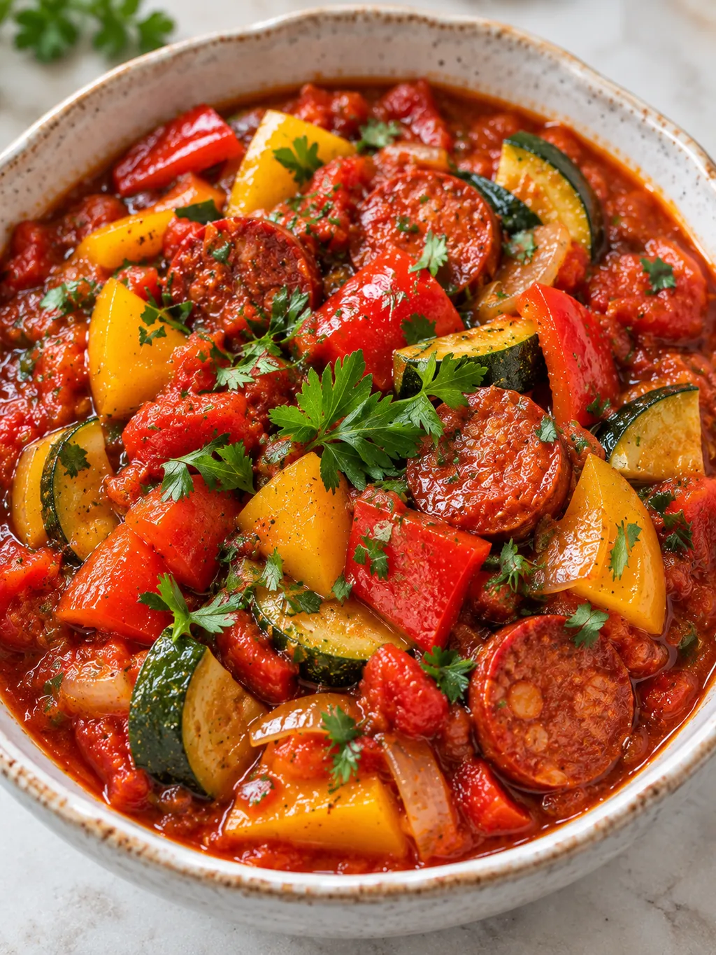 Gęste leczo z chorizo w misce z papryką, cukinią i natką