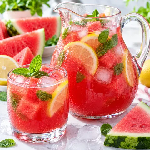 Lemoniada arbuzowa z lodem, miętą i plasterkami cytryny