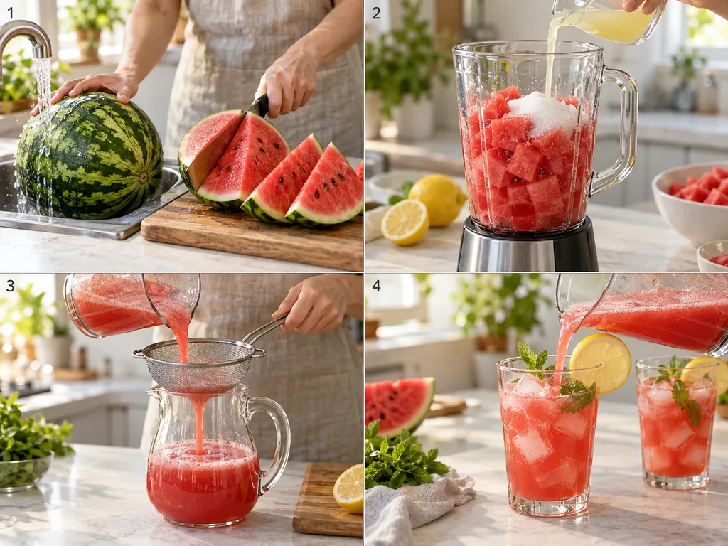 Cztery kroki przygotowania lemoniady arbuzowej w kuchni