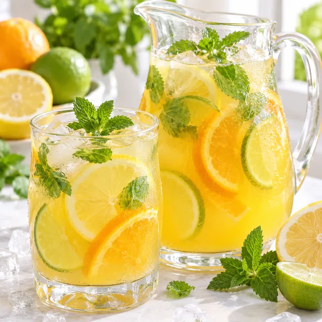 Lemoniada cytrusowa z miętą, lodem i plasterkami owoców