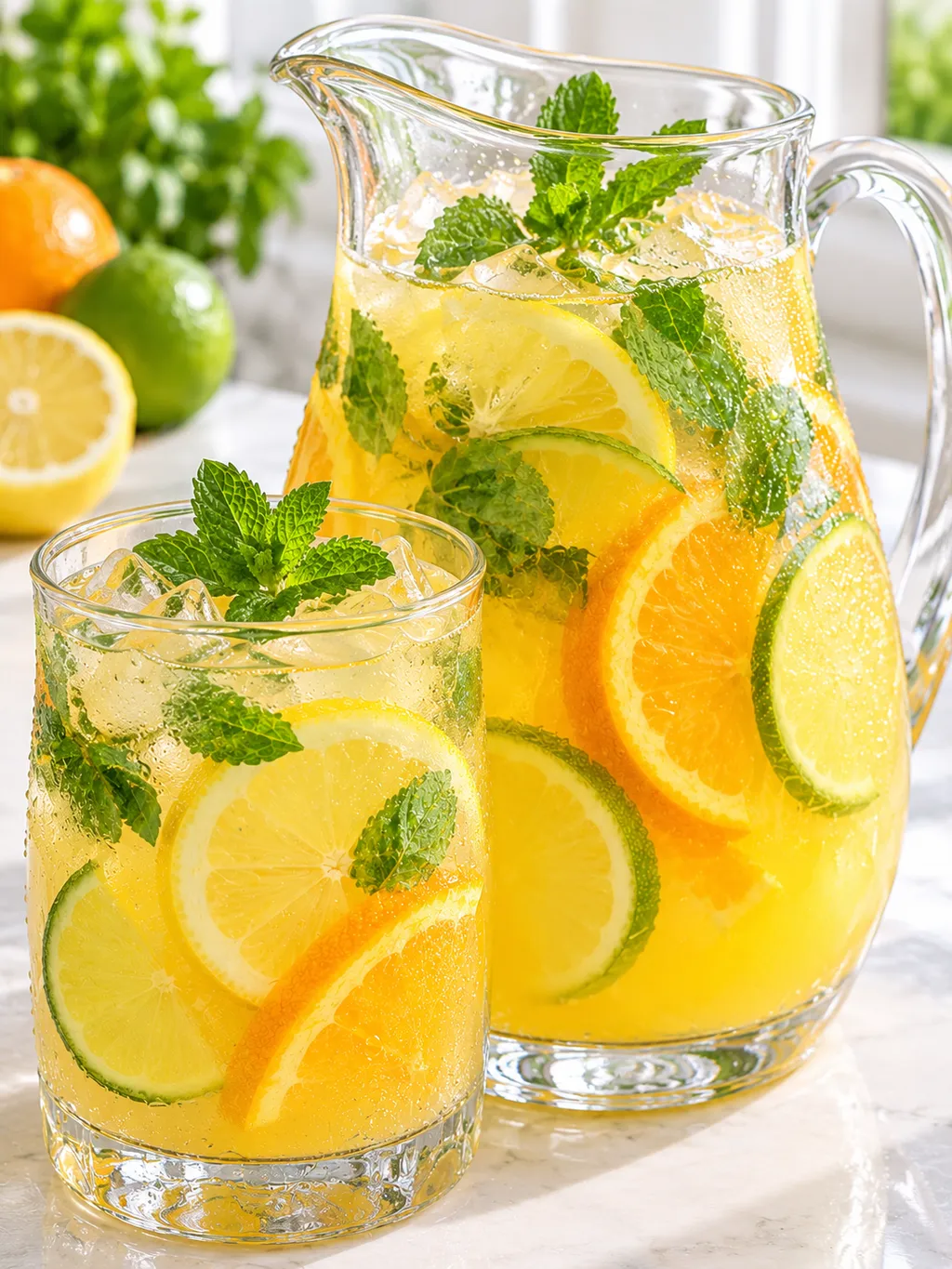 Schłodzona lemoniada cytrusowa z miętą i lodem w szklance