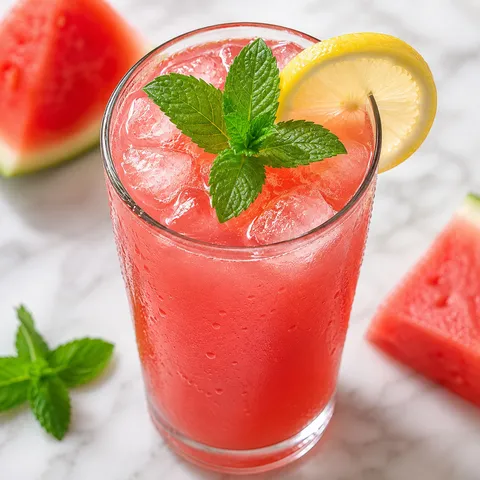 Szklanka różowej lemoniady z arbuza z lodem, plasterkiem cytryny i miętą