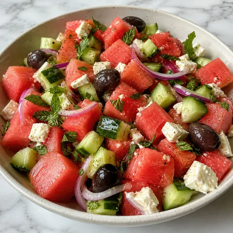 Watermelon, cucumber and feta salad with mint and red onion in a bowl