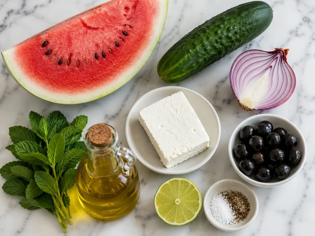 Raw watermelon, cucumber, feta, mint and red onion on a wooden board