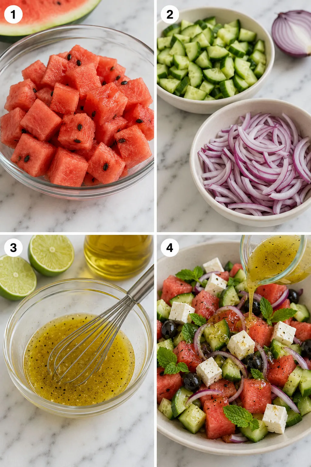 Four steps of making watermelon cucumber feta salad from cutting to dressing