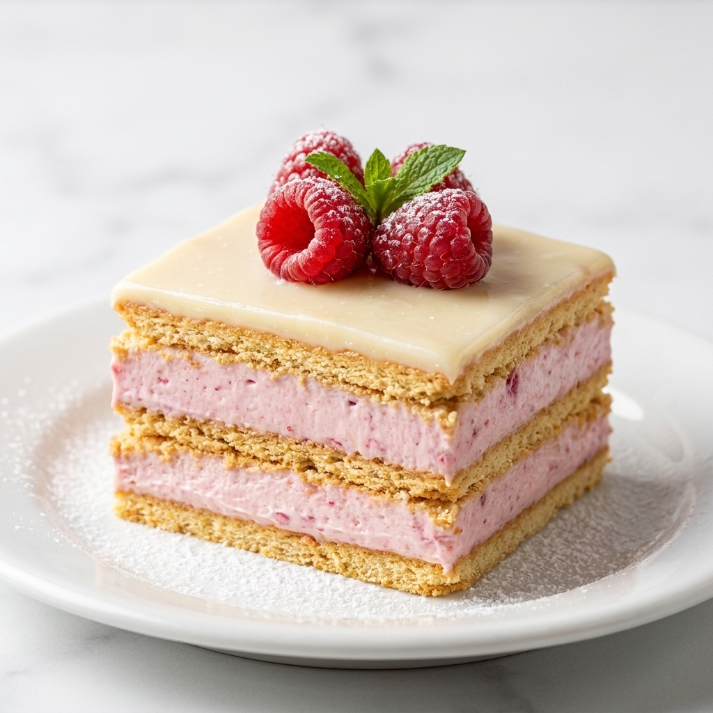 Slice of raspberry icebox cake with layered butter biscuits and white chocolate glaze