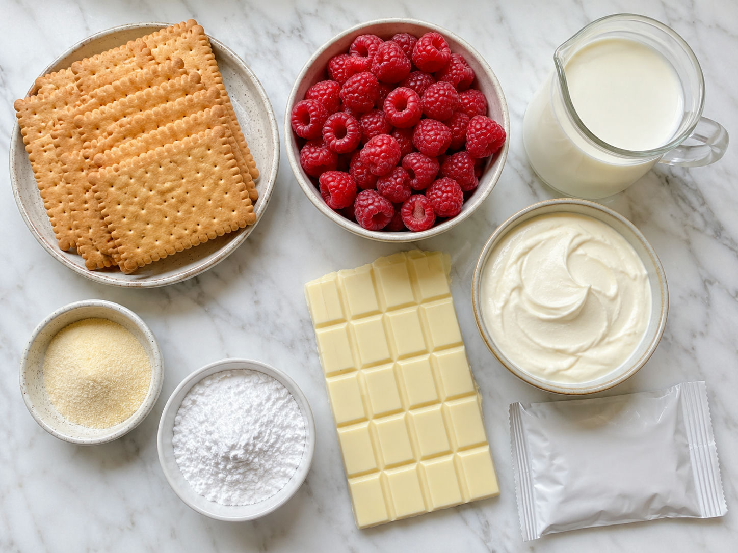 Raspberries, butter biscuits, cream, gelatin and pudding powder on a wooden board