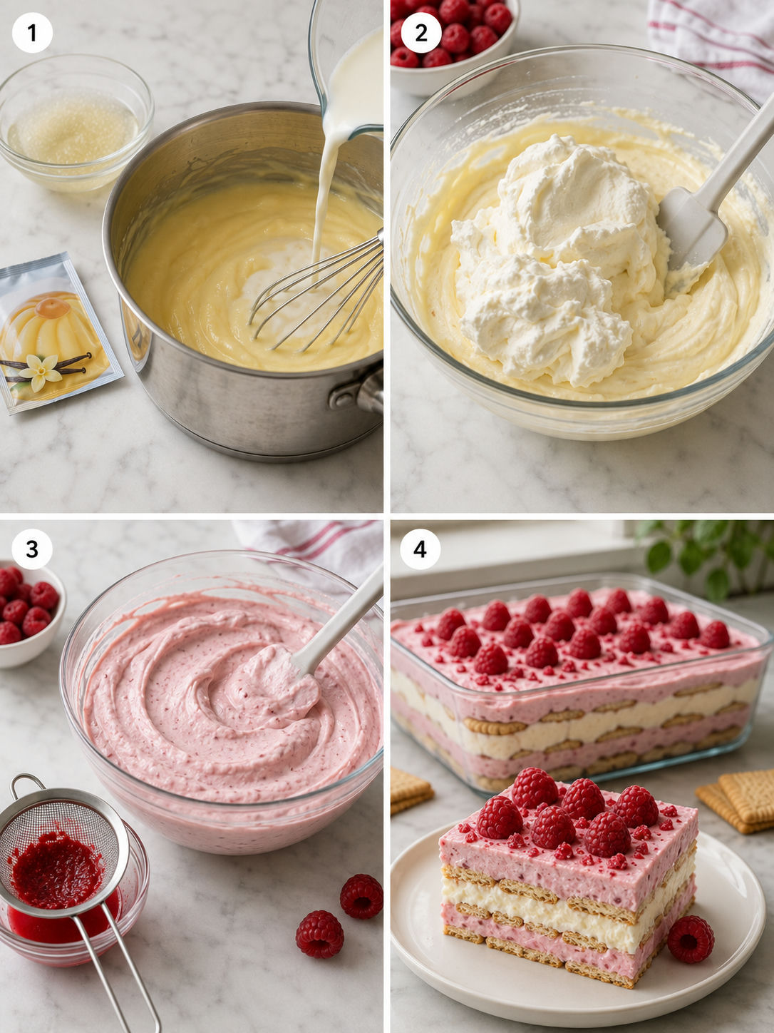 Steps of layering raspberry cream between butter biscuits in a rectangular dish