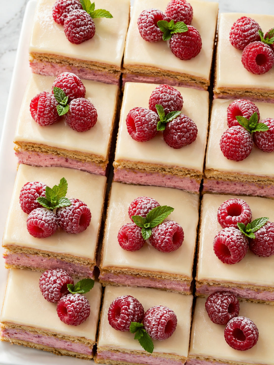 Square raspberry icebox cake slices with layered biscuits and fresh raspberries on top