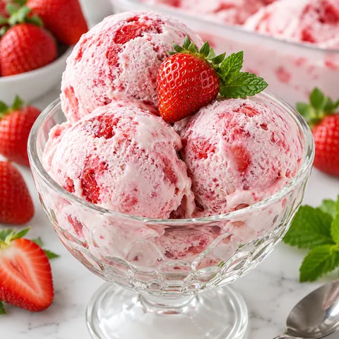 Lody truskawkowe w szklanym pucharku ze świeżą truskawką