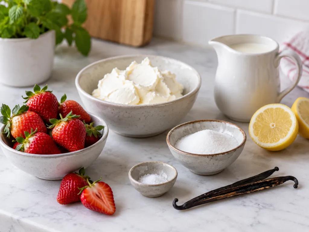 Składniki na lody truskawkowe z mascarpone i śmietanką
