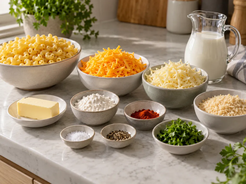 Składniki na mac and cheese z makaronem, serem, mlekiem i panko