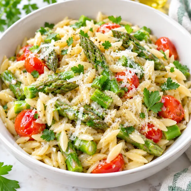 Makaron orzo ze szparagami, pomidorkami i natką w jasnej misce