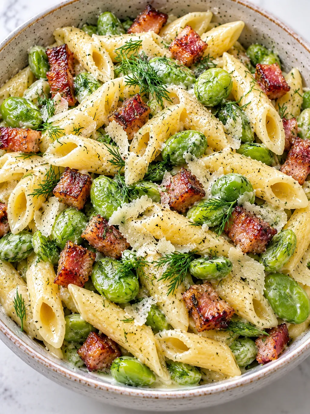 Kremowy makaron z bobem, boczkiem, koperkiem i parmezanem