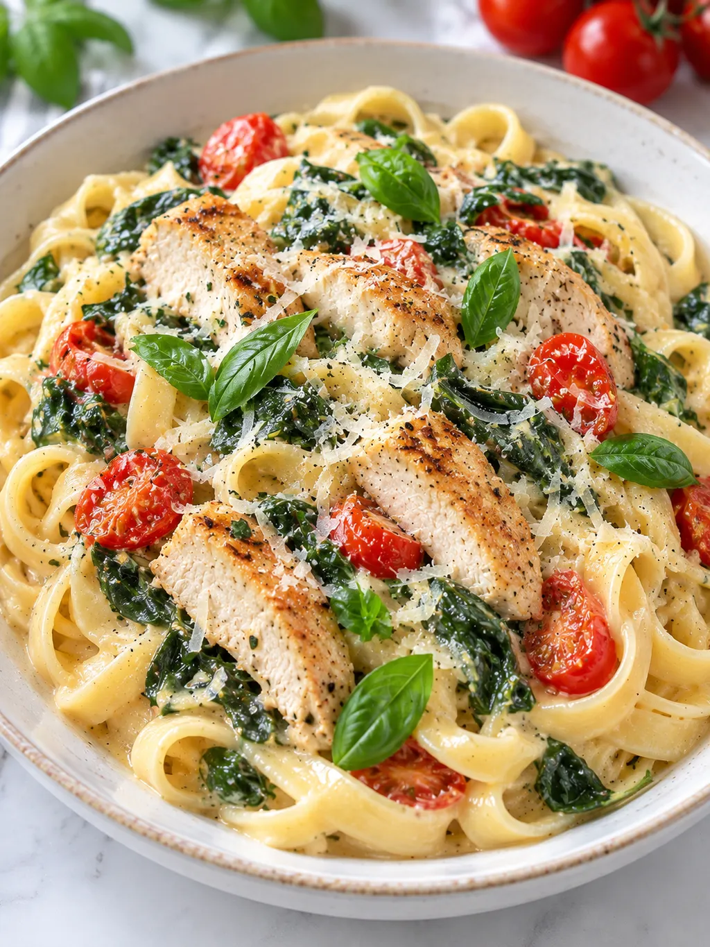 Kremowy makaron z kurczakiem, szpinakiem, pomidorami i parmezanem