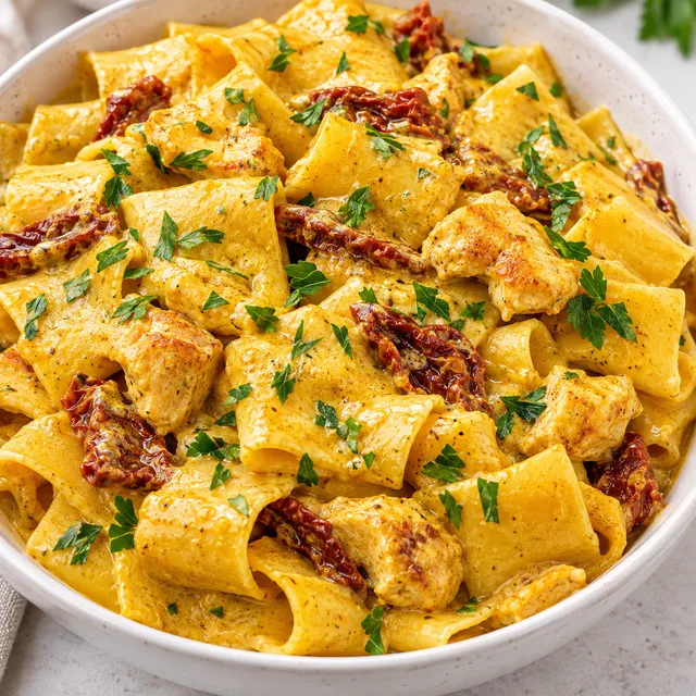 Makaron z kurczakiem w złotym sosie curry i suszonymi pomidorami