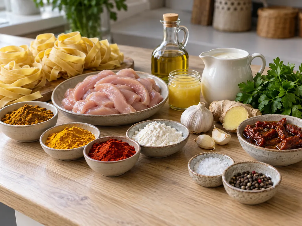 Składniki na makaron z kurczakiem w sosie curry na jasnym blacie