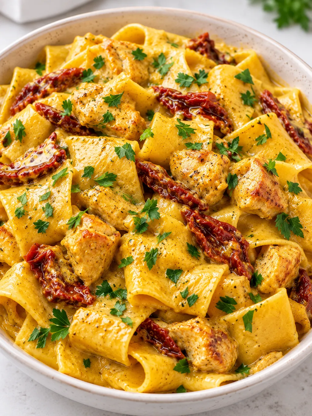 Kremowy makaron z kurczakiem w sosie curry w jasnej misce