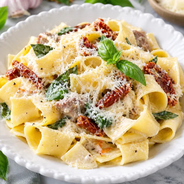 Makaron z suszonymi pomidorami, bazylią i parmezanem w kremowym sosie