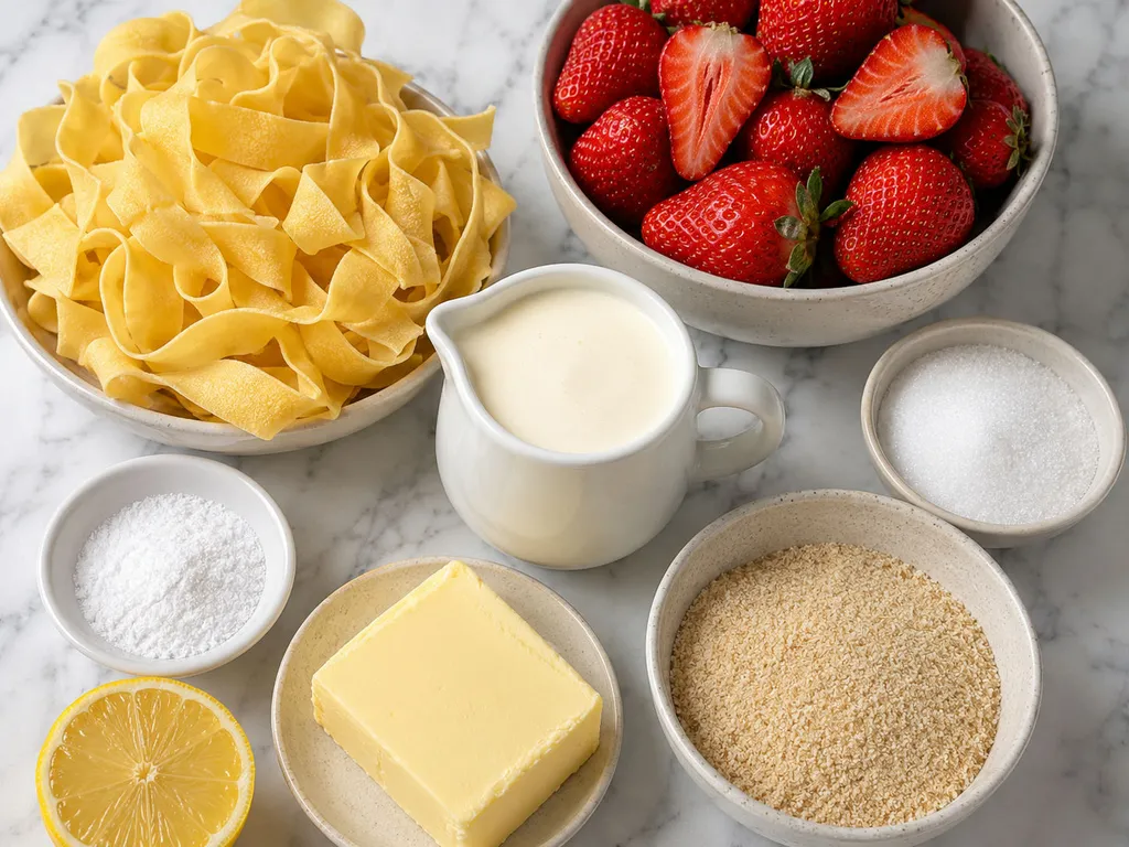 Raw strawberries, egg noodles, cream, butter and breadcrumbs on a wooden board