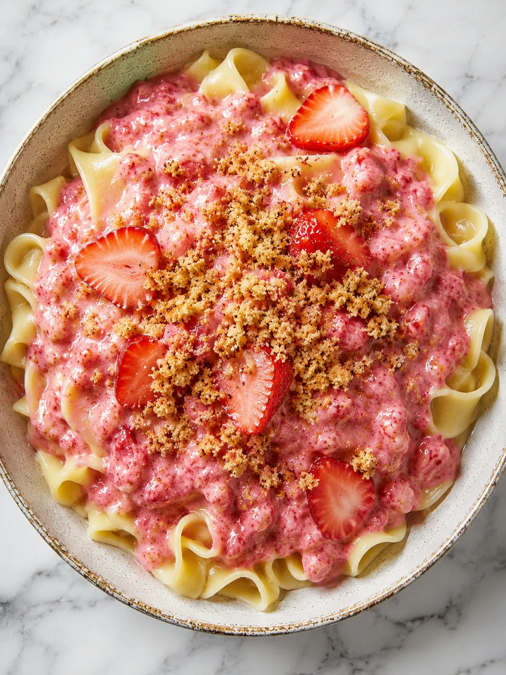 Top-down bowl of warm noodles with crushed strawberry cream sauce and breadcrumbs