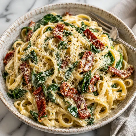 Creamy pasta with spinach and sun-dried tomatoes topped with grated parmesan