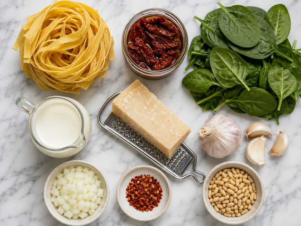 Raw pasta, sun-dried tomatoes, spinach, cream and parmesan on a wooden board