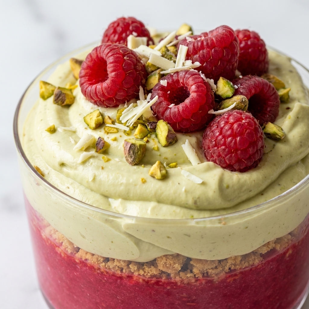 Layered raspberry pistachio mascarpone dessert in a glass topped with fresh raspberries and chopped pistachios