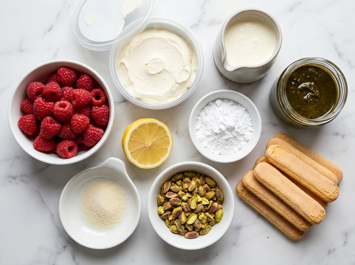 Raw ingredients for raspberry pistachio mascarpone dessert including mascarpone, pistachio paste and raspberries