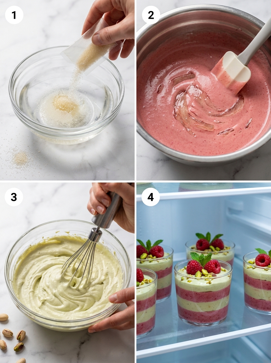 Four steps of making raspberry pistachio mascarpone dessert from simmering raspberries to piping the cream