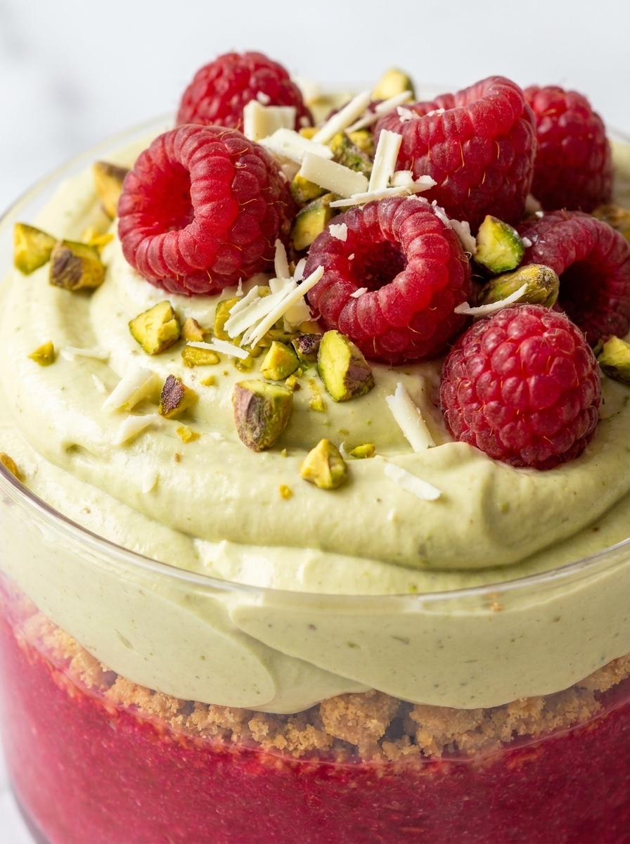 Close-up glass of raspberry pistachio mascarpone dessert topped with raspberries and chopped pistachios