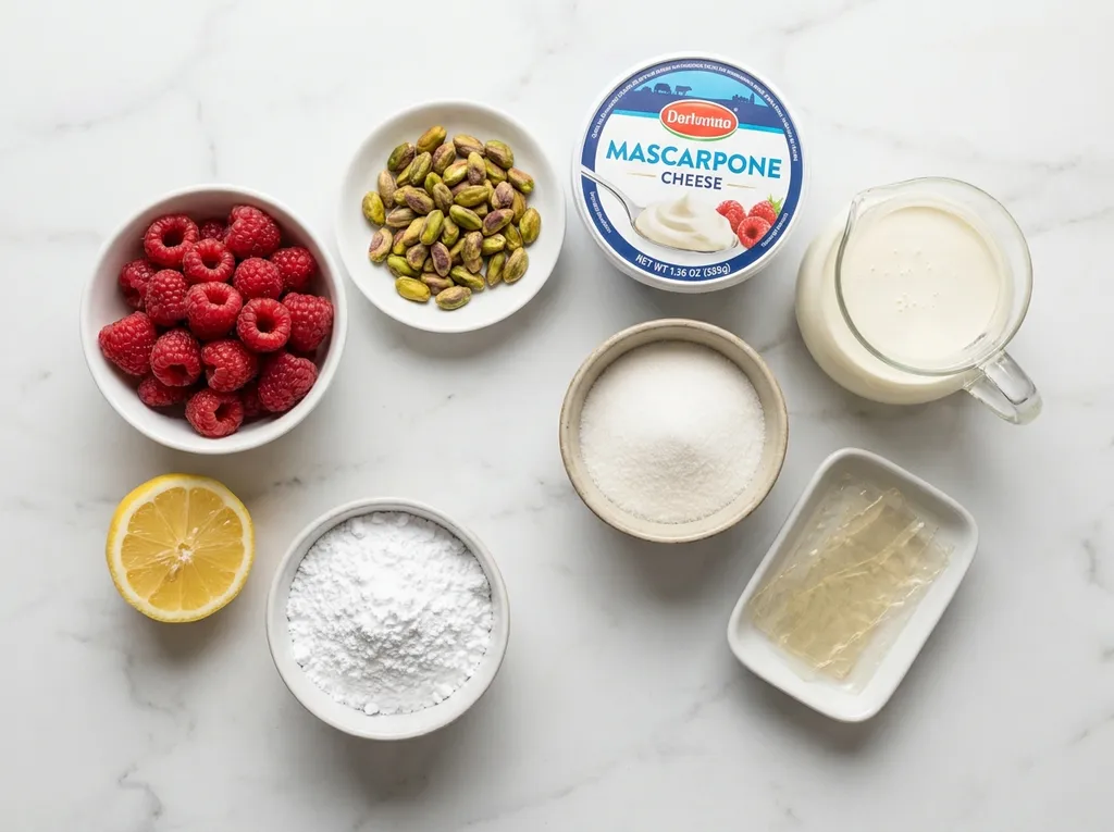 Raw ingredients for raspberry mousse with pistachios including raspberries, pistachios and mascarpone