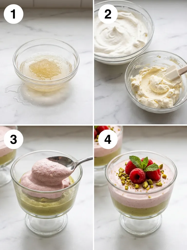 Four steps of making layered raspberry mousse with pistachio cream in glasses