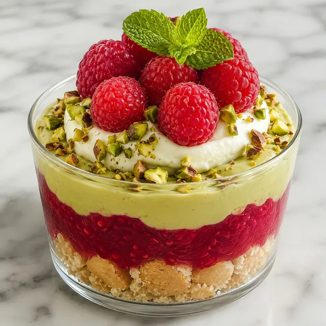 Layered raspberry pistachio dessert in a glass with whipped cream and mint
