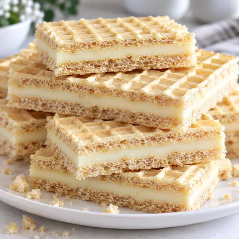Wafle z jasną masą z mlekiem w proszku na talerzu