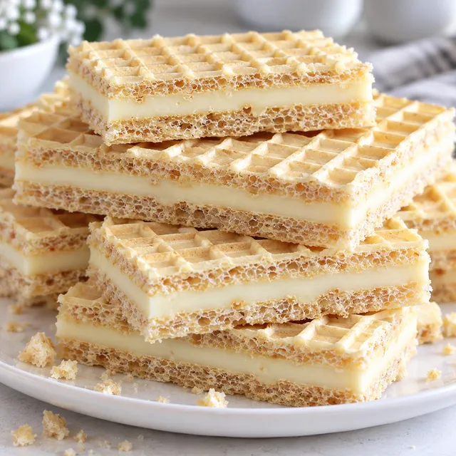 Wafle z jasną masą z mlekiem w proszku na talerzu