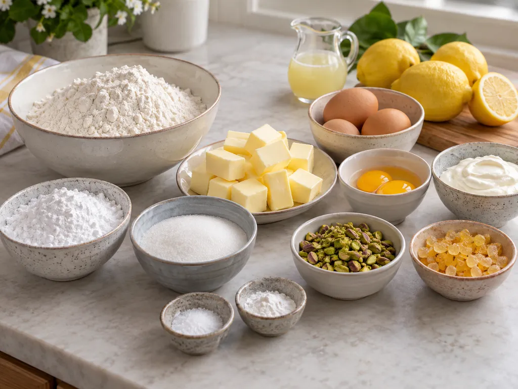 Składniki na mazurek cytrynowy z jajkami, cytrynami i pistacjami